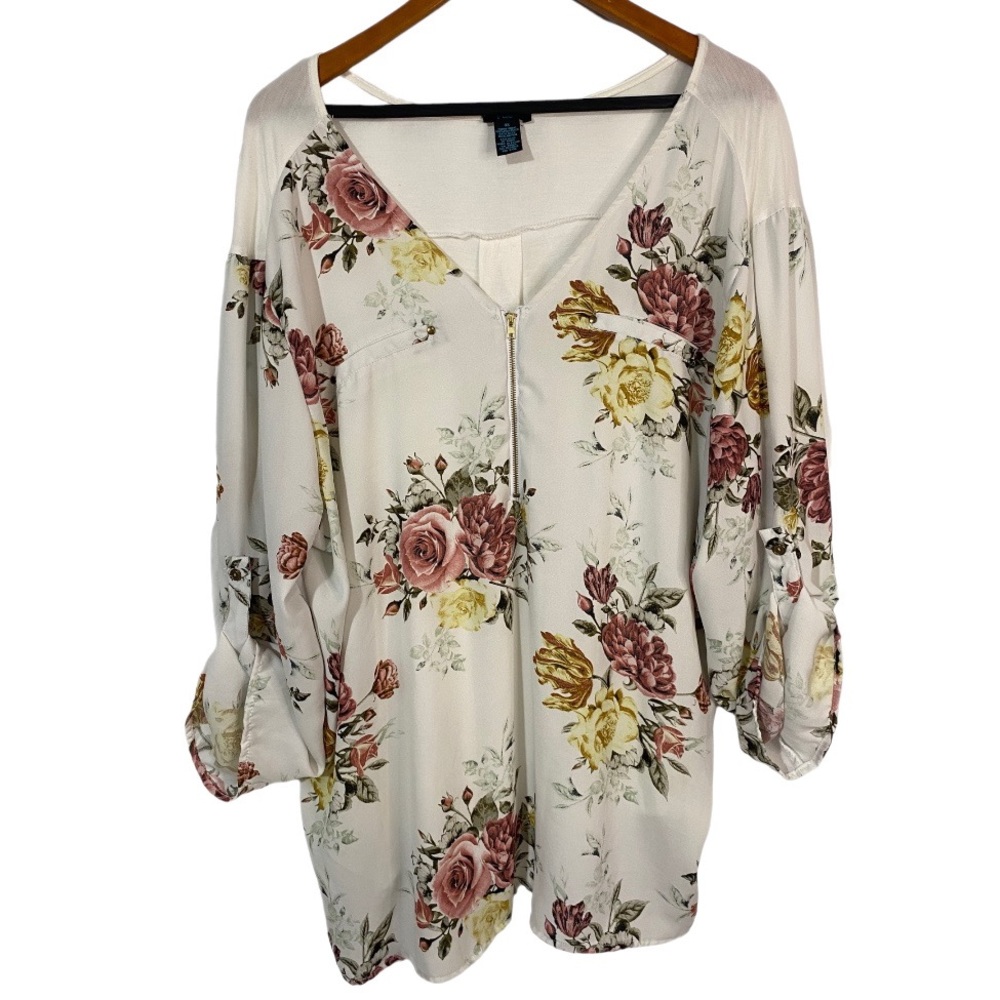 Rue21 Long Convertible Sleeve Full Zip Top Blouse Women’s Size 3X Floral Rose - Picture 1 of 9